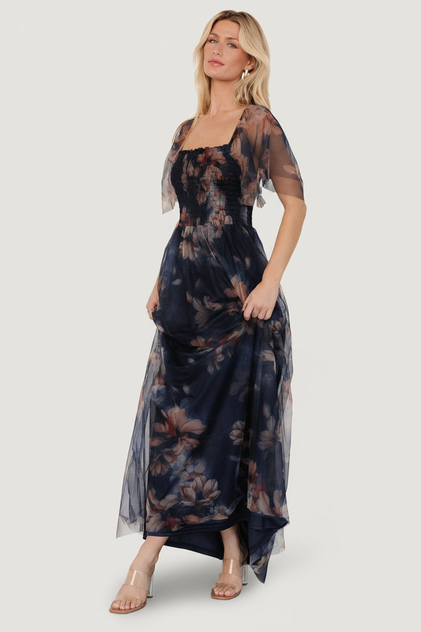 Cassandra Tulle Maxi Dress | Dark Blue Floral - Image 5