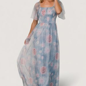 Cassandra Tulle Maxi Dress | Light Blue + Pink Floral