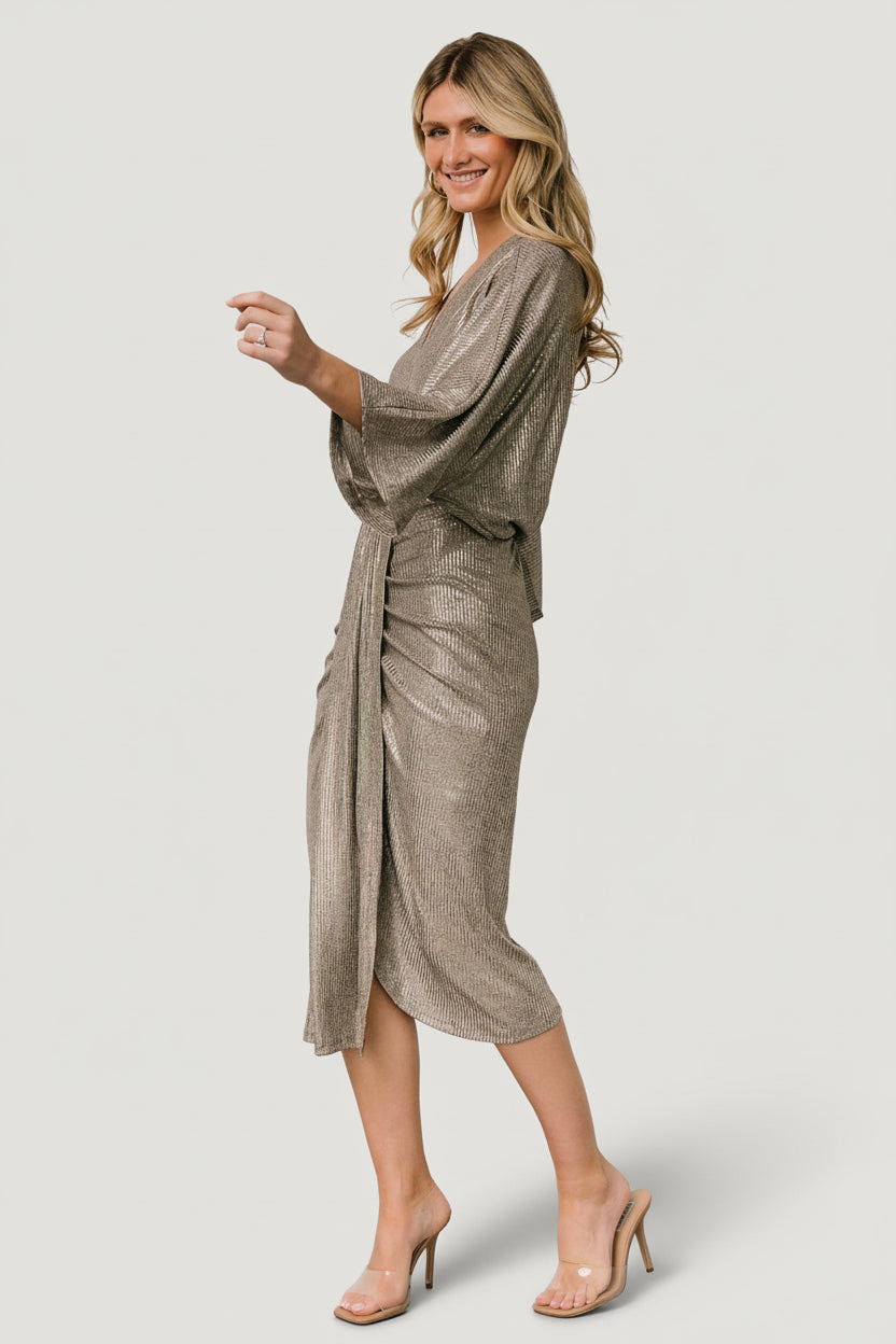 Ciara Ruched Midi Dress | Silver Metallic - Image 3