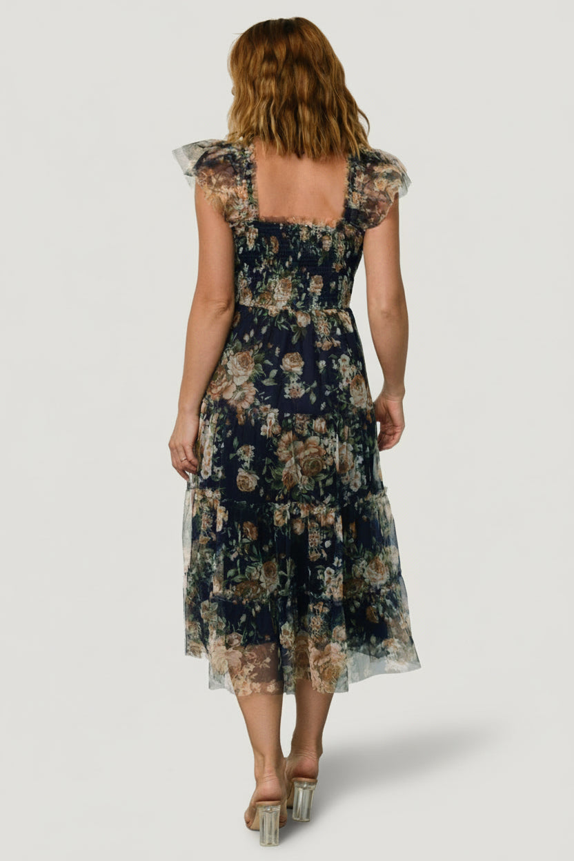 Clementine Tulle Midi Dress | Blue + Golden Floral - Image 2