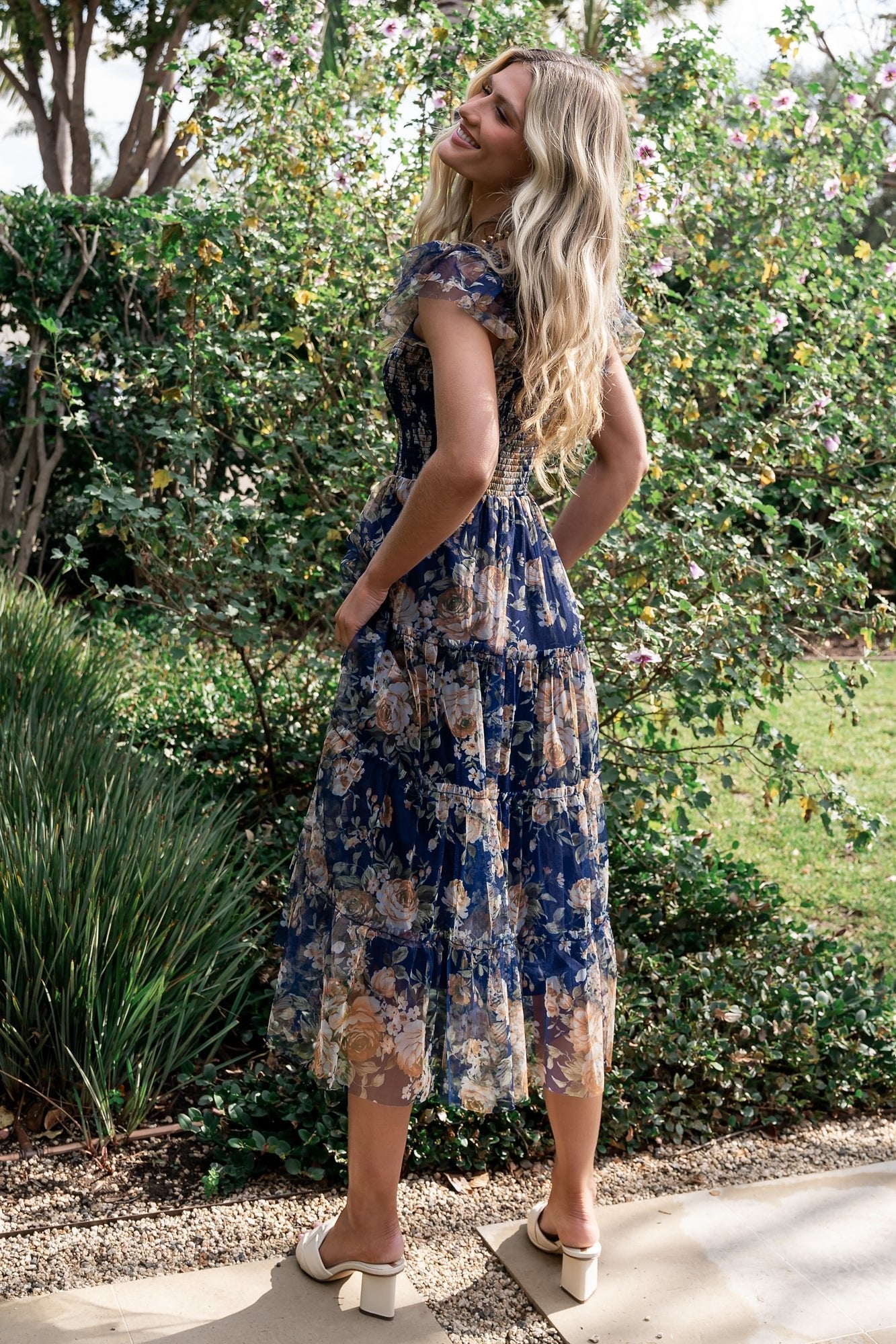 Clementine Tulle Midi Dress | Blue + Golden Floral - Image 6