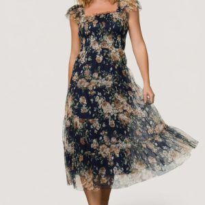 Clementine Tulle Midi Dress | Blue + Golden Floral