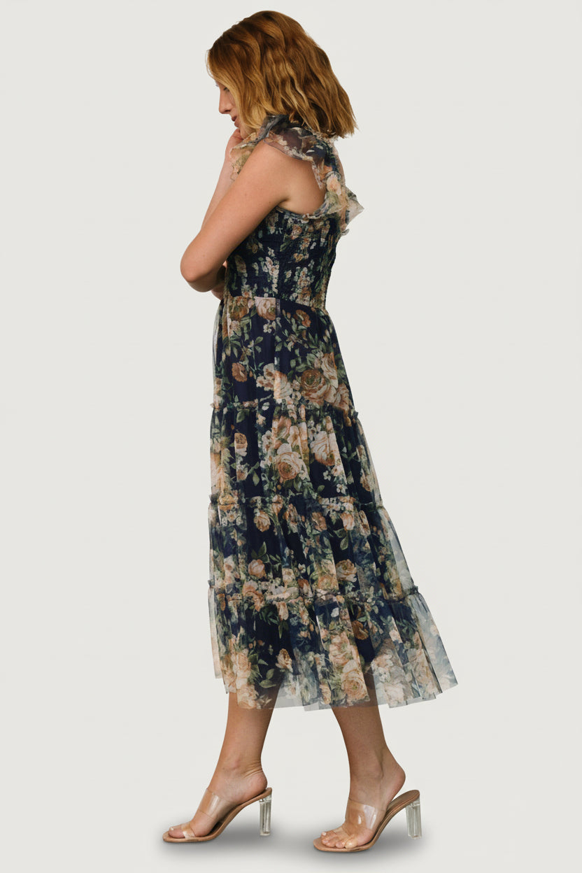 Clementine Tulle Midi Dress | Blue + Golden Floral - Image 4