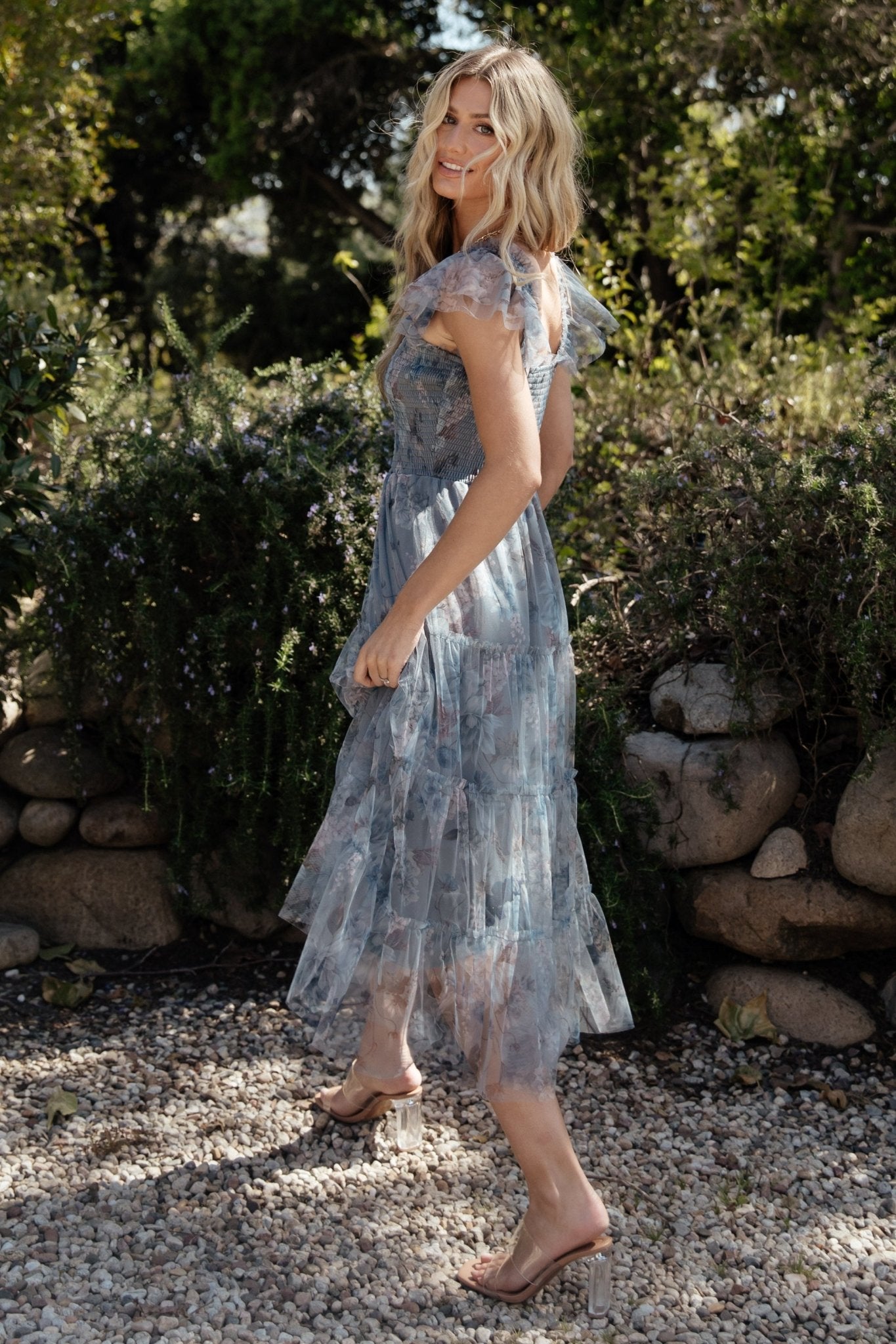 Clementine Tulle Midi Dress | Dusty Blue Floral - Image 4
