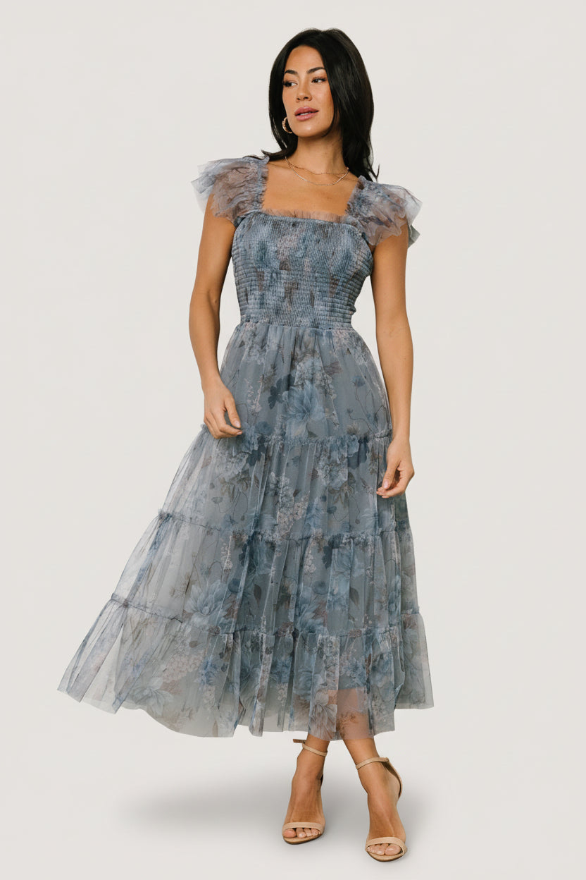 Clementine Tulle Midi Dress | Dusty Blue Floral - Image 8