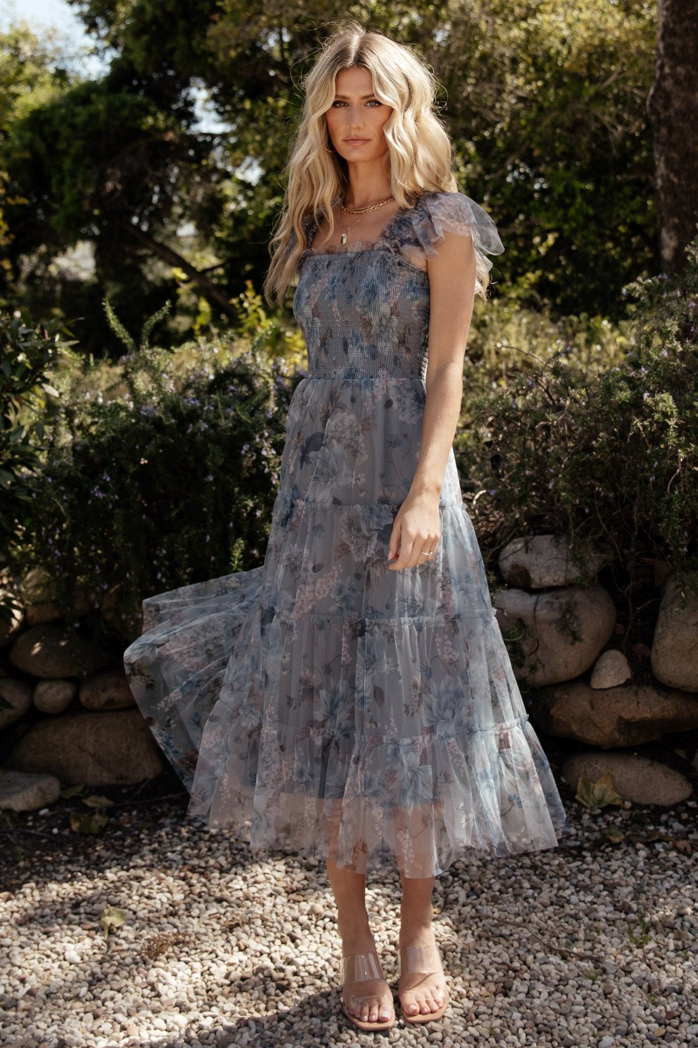 Clementine Tulle Midi Dress | Dusty Blue Floral - Image 6