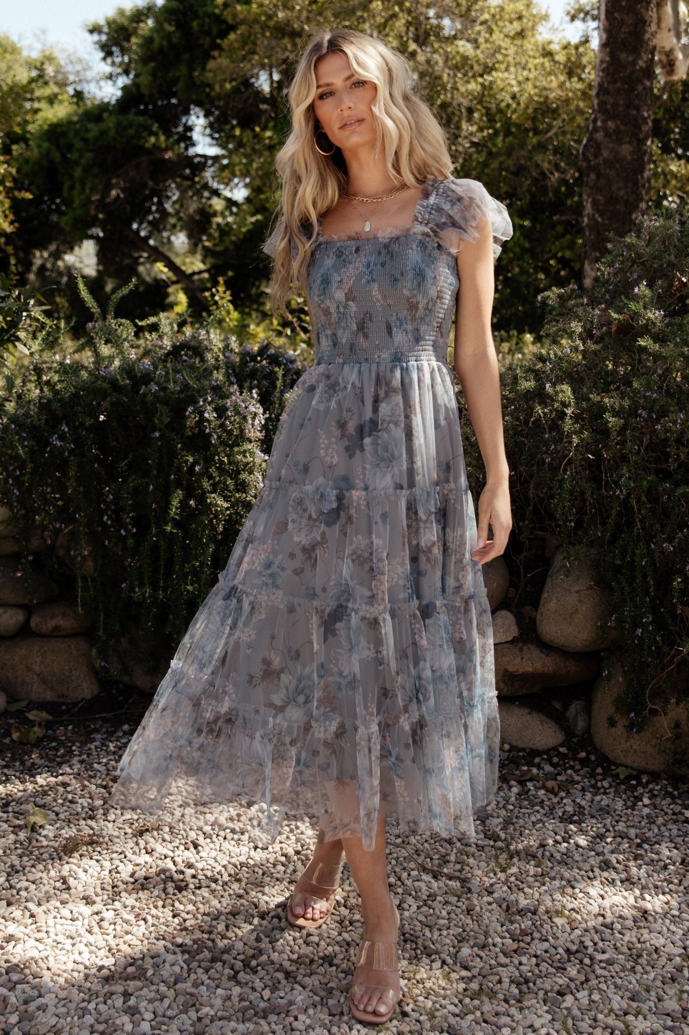 Clementine Tulle Midi Dress | Dusty Blue Floral - Image 2