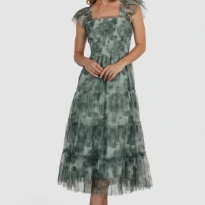 Clementine Tulle Midi Dress | Dusty Green Print