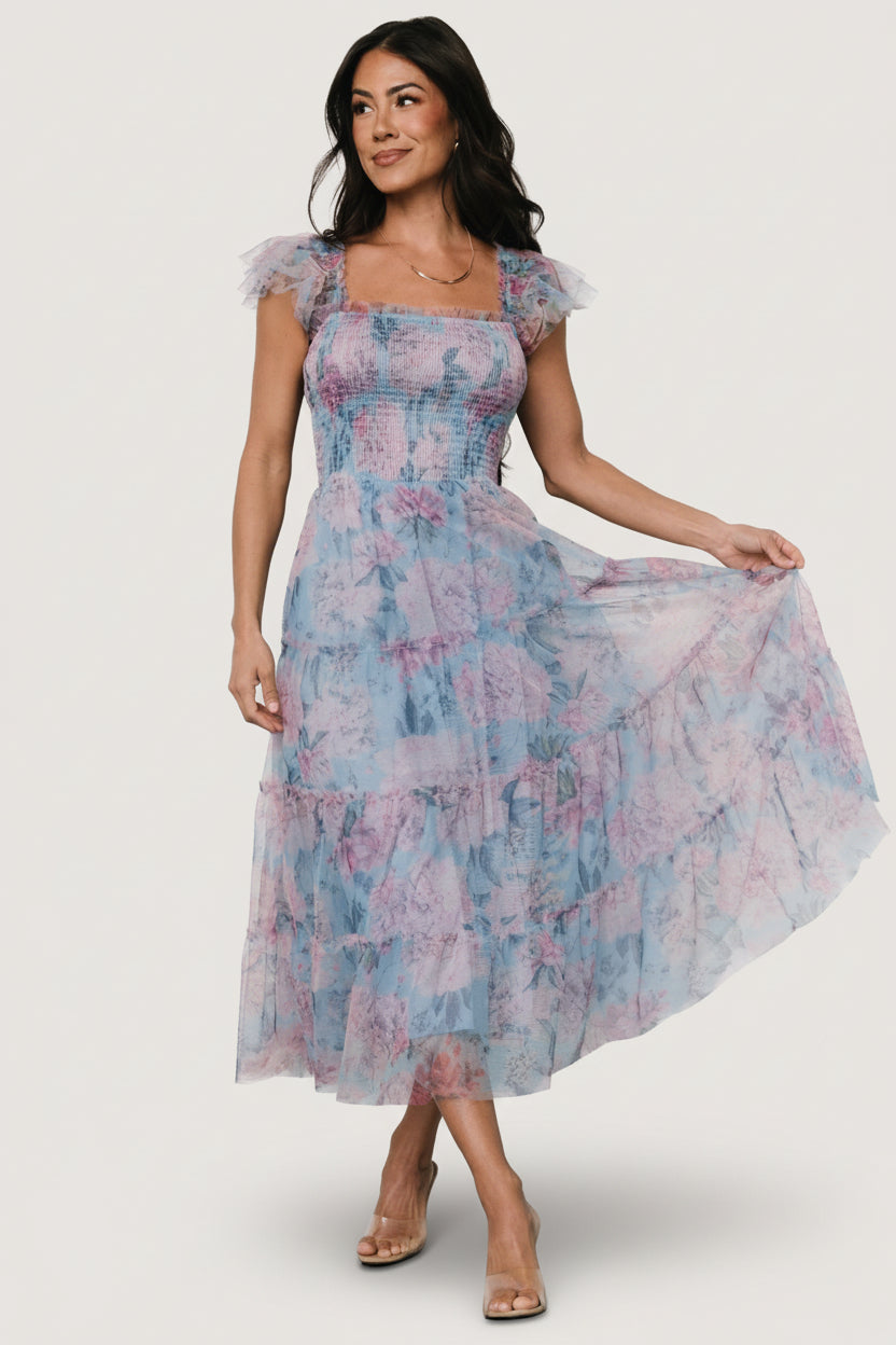 Clementine Tulle Midi Dress | Light Blue + Pink - Image 2