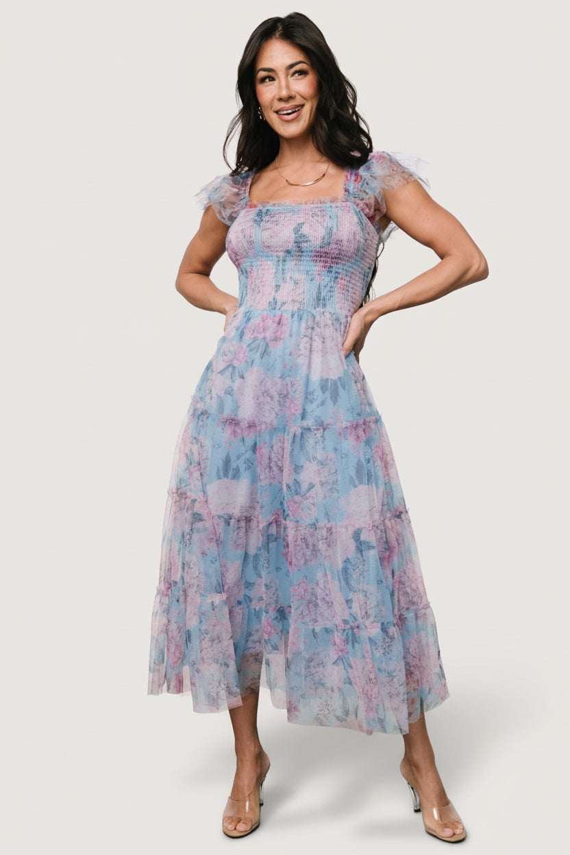 Clementine Tulle Midi Dress | Light Blue + Pink