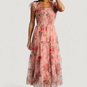 Clementine Tulle Midi Dress | Pink Rose Floral