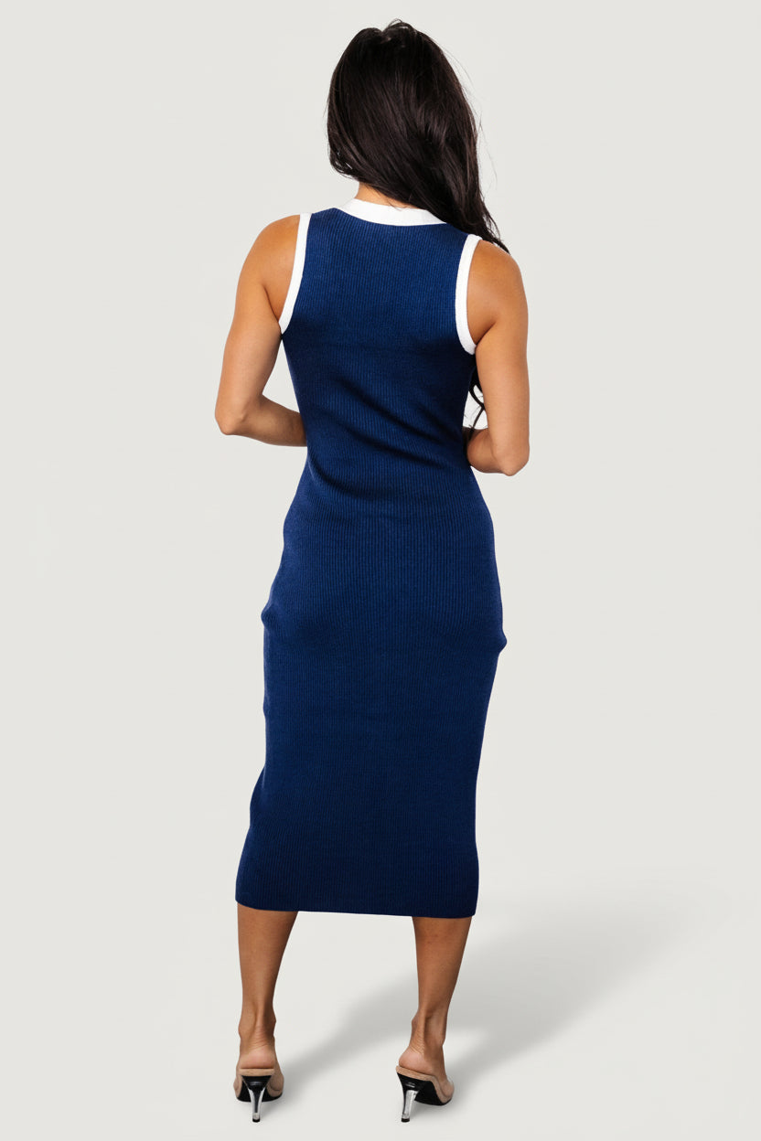 Coley Ribbed Button Dress | Navy + Off White - Image 5