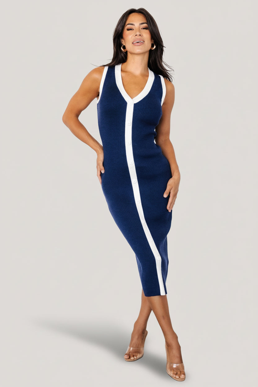 Coley Ribbed Button Dress | Navy + Off White - Image 6