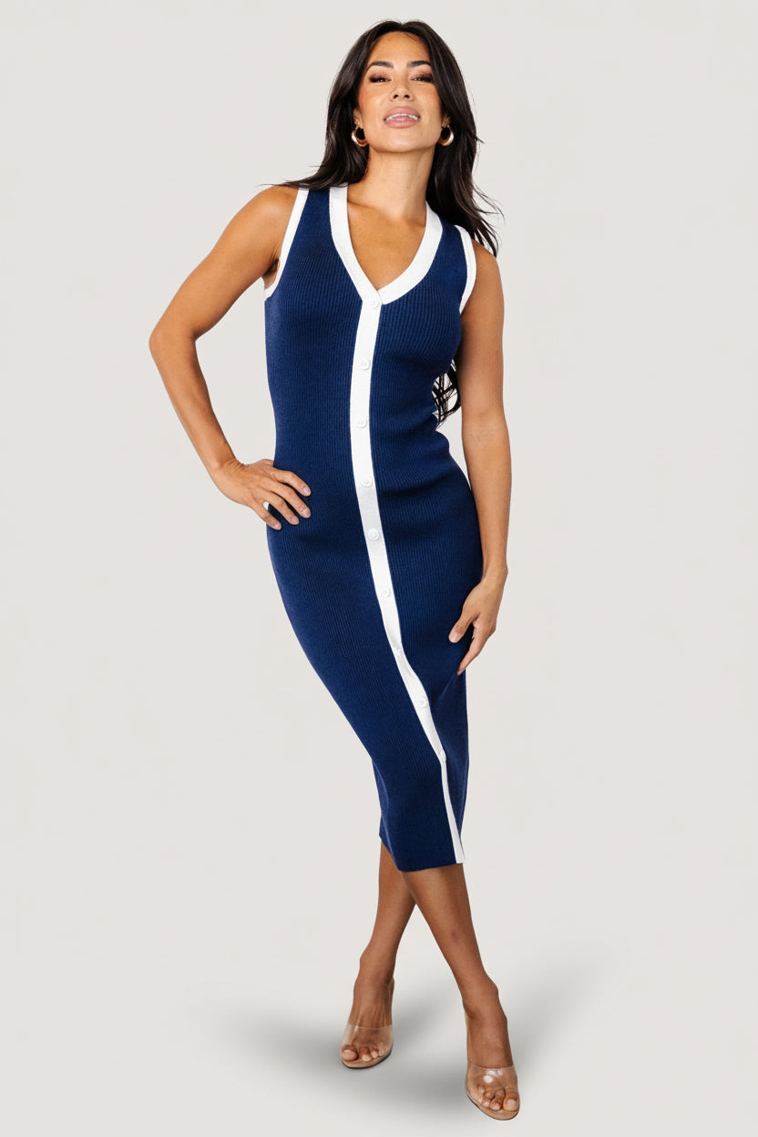Coley Ribbed Button Dress | Navy + Off White - Image 4