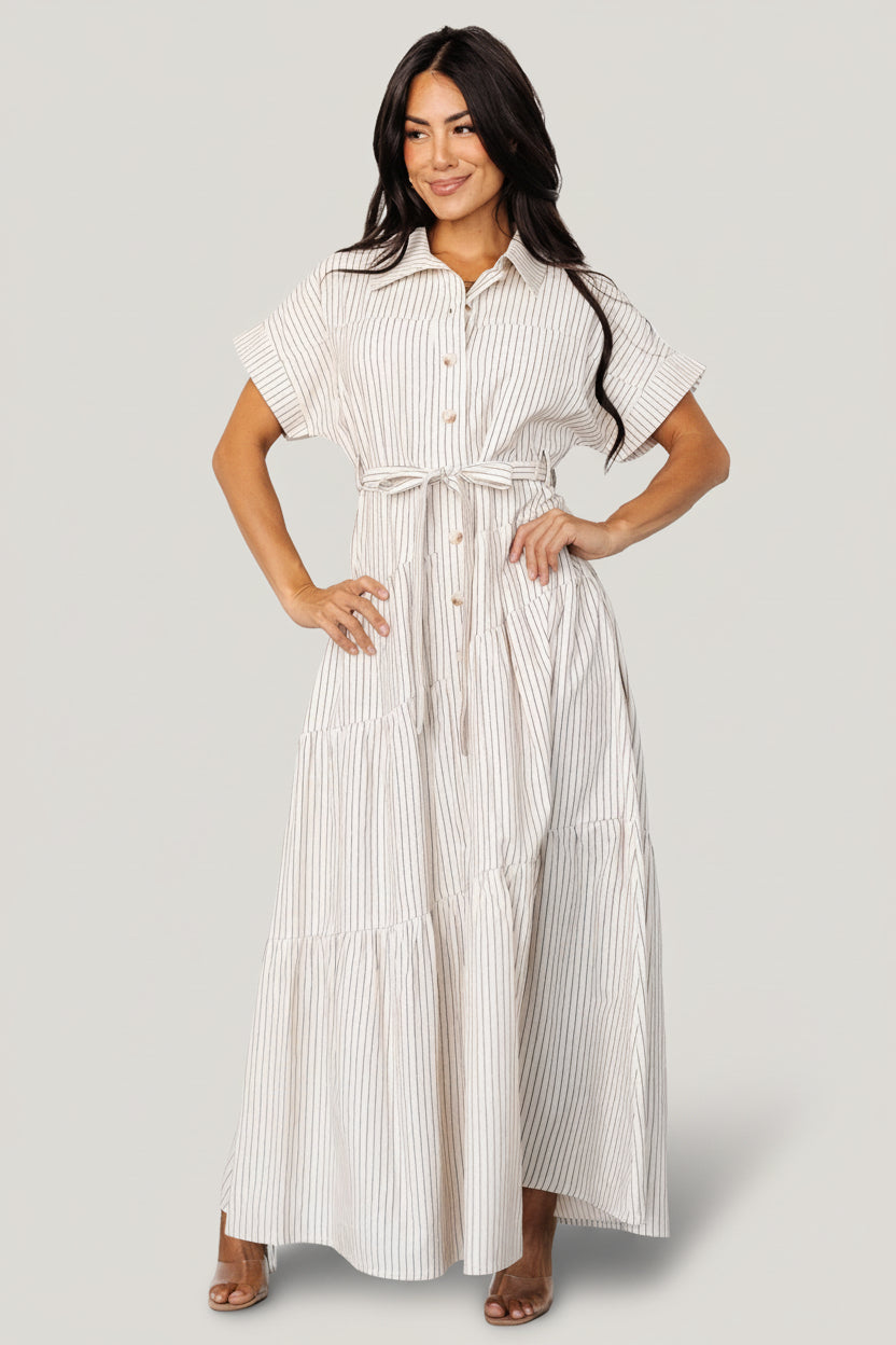Covey Button Up Maxi Dress | Cream Stripe - Image 4
