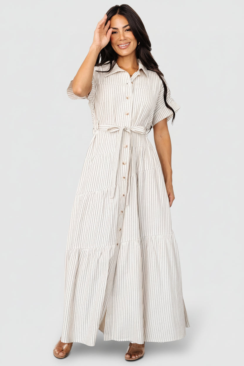Covey Button Up Maxi Dress | Cream Stripe - Image 6