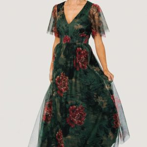Cressida Tulle Maxi Dress | Dark Green + Red Floral