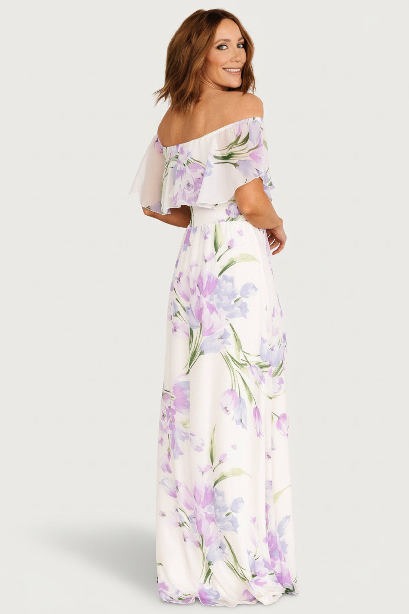 Daphne Off Shoulder Maxi Dress | Ivory + Lavender Floral - Image 5