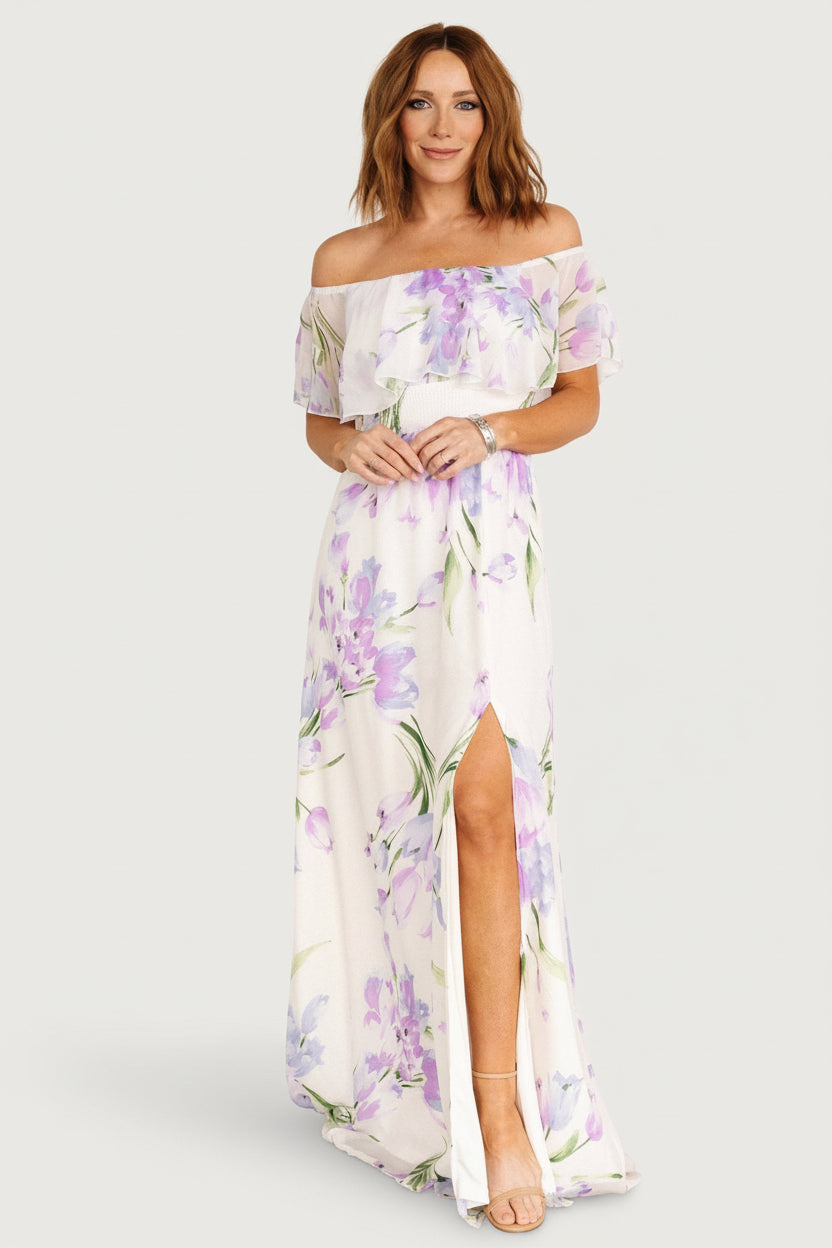 Daphne Off Shoulder Maxi Dress | Ivory + Lavender Floral
