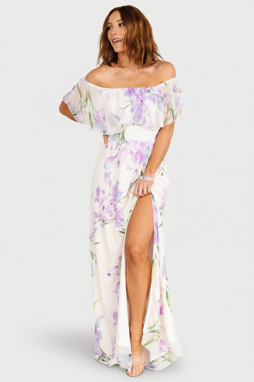 Daphne Off Shoulder Maxi Dress | Ivory + Lavender Floral - Image 7