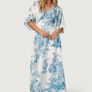 Dara Maxi Dress | Ivory + Blue Print