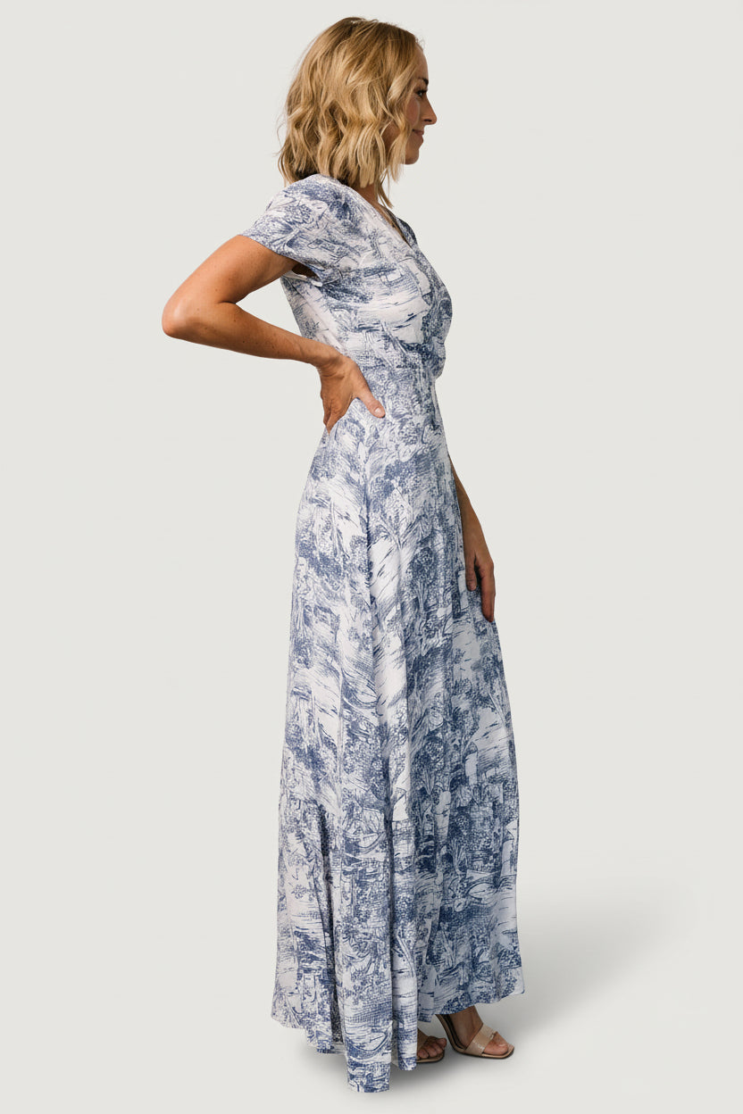 Dulce Wrap Maxi Dress | White + Blue Print - Image 5