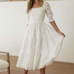 Ella Eyelet Midi Dress | White
