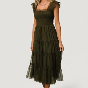 Emma Smocked Tulle Dress | Dark Olive