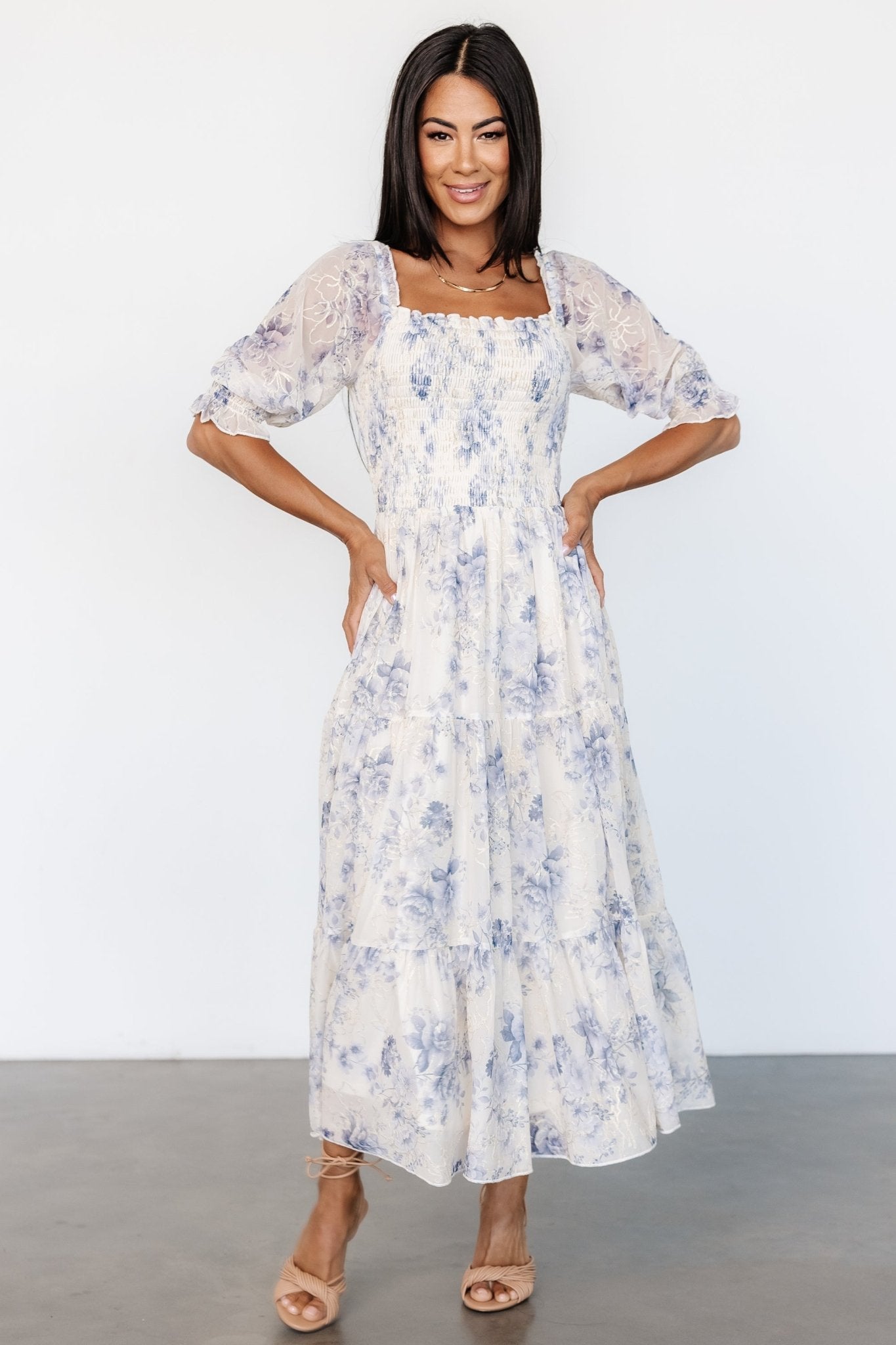 Fabian Jacquard Midi Dress | Cream + Blue Floral - Image 6