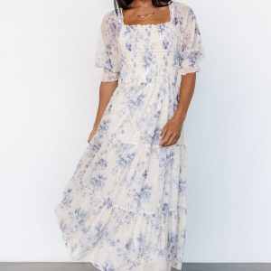 Fabian Jacquard Midi Dress | Cream + Blue Floral