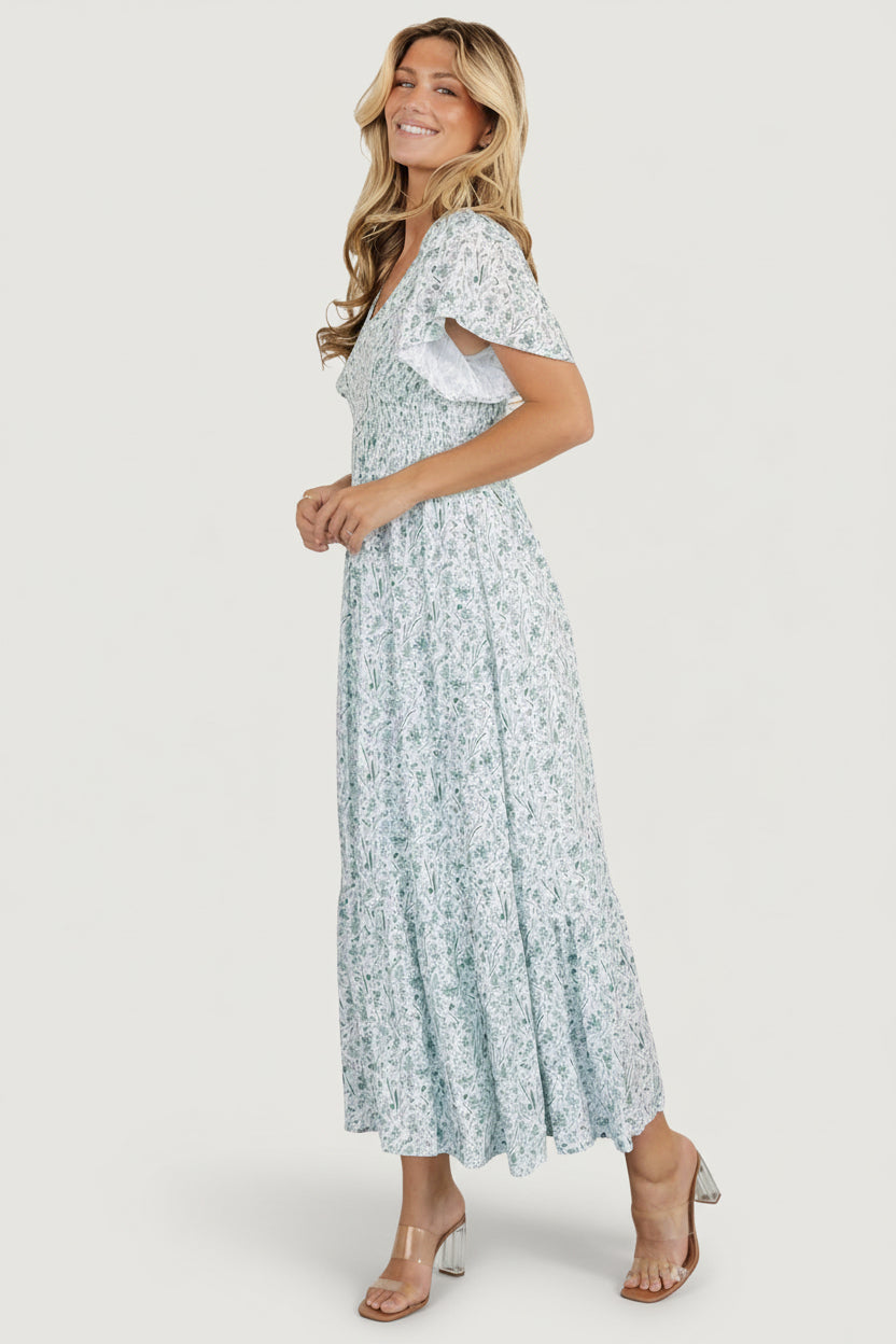 Joanie Smocked Dress | White + Sage - Image 4