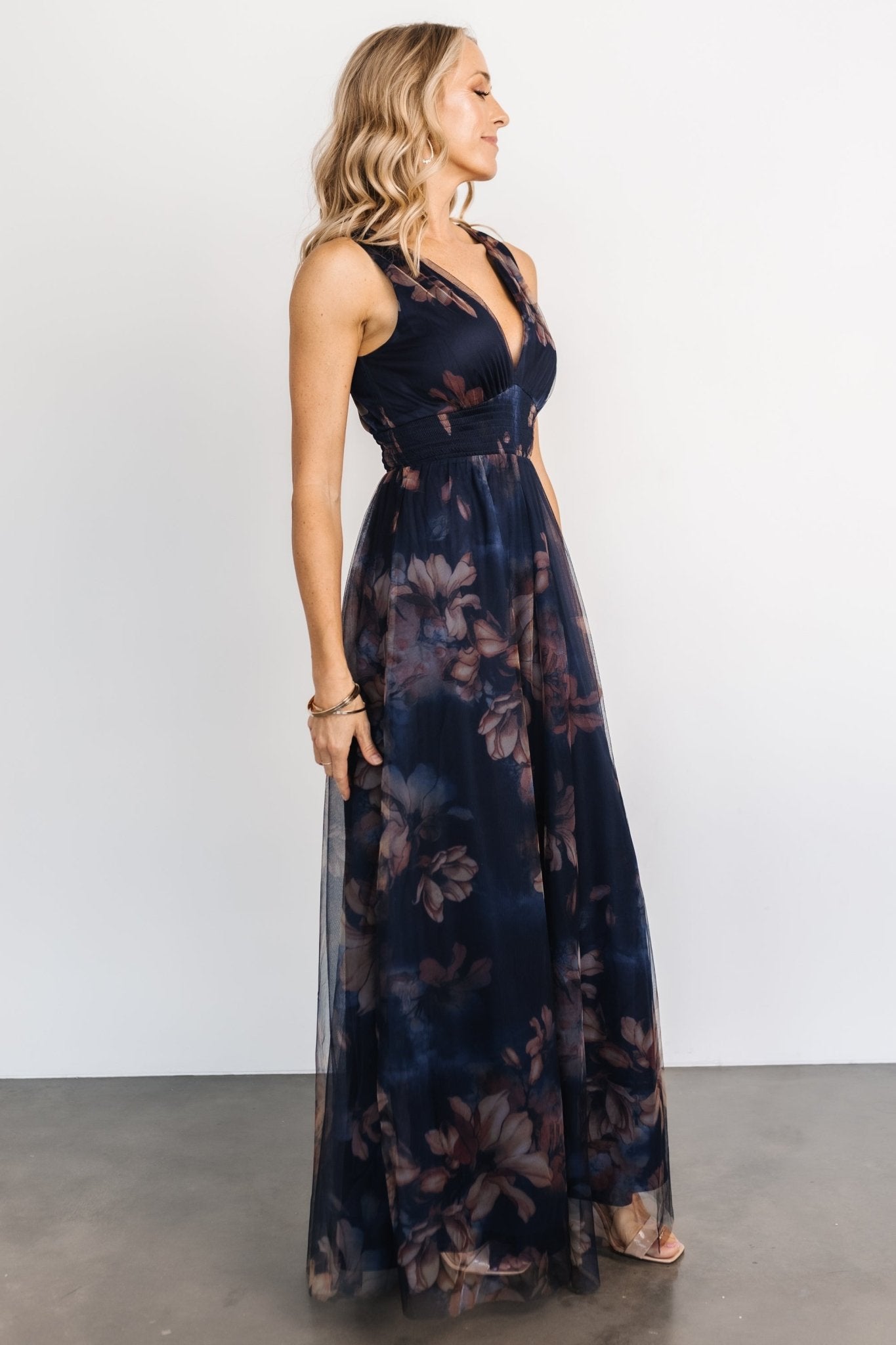 Kamila Tulle Maxi Dress | Dark Blue Floral - Image 3