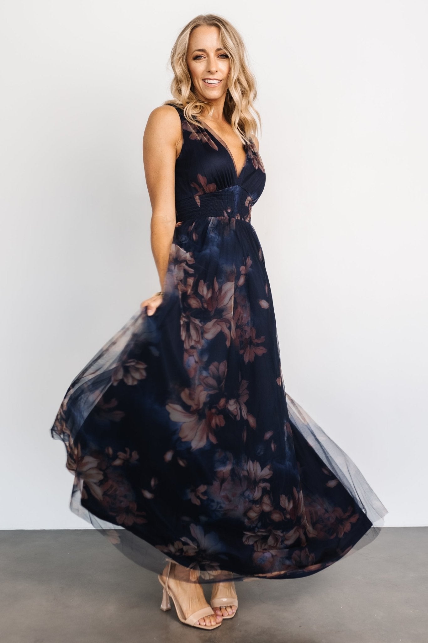 Kamila Tulle Maxi Dress | Dark Blue Floral - Image 8