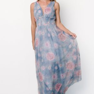 Kamila Tulle Maxi Dress | Light Blue + Pink Floral