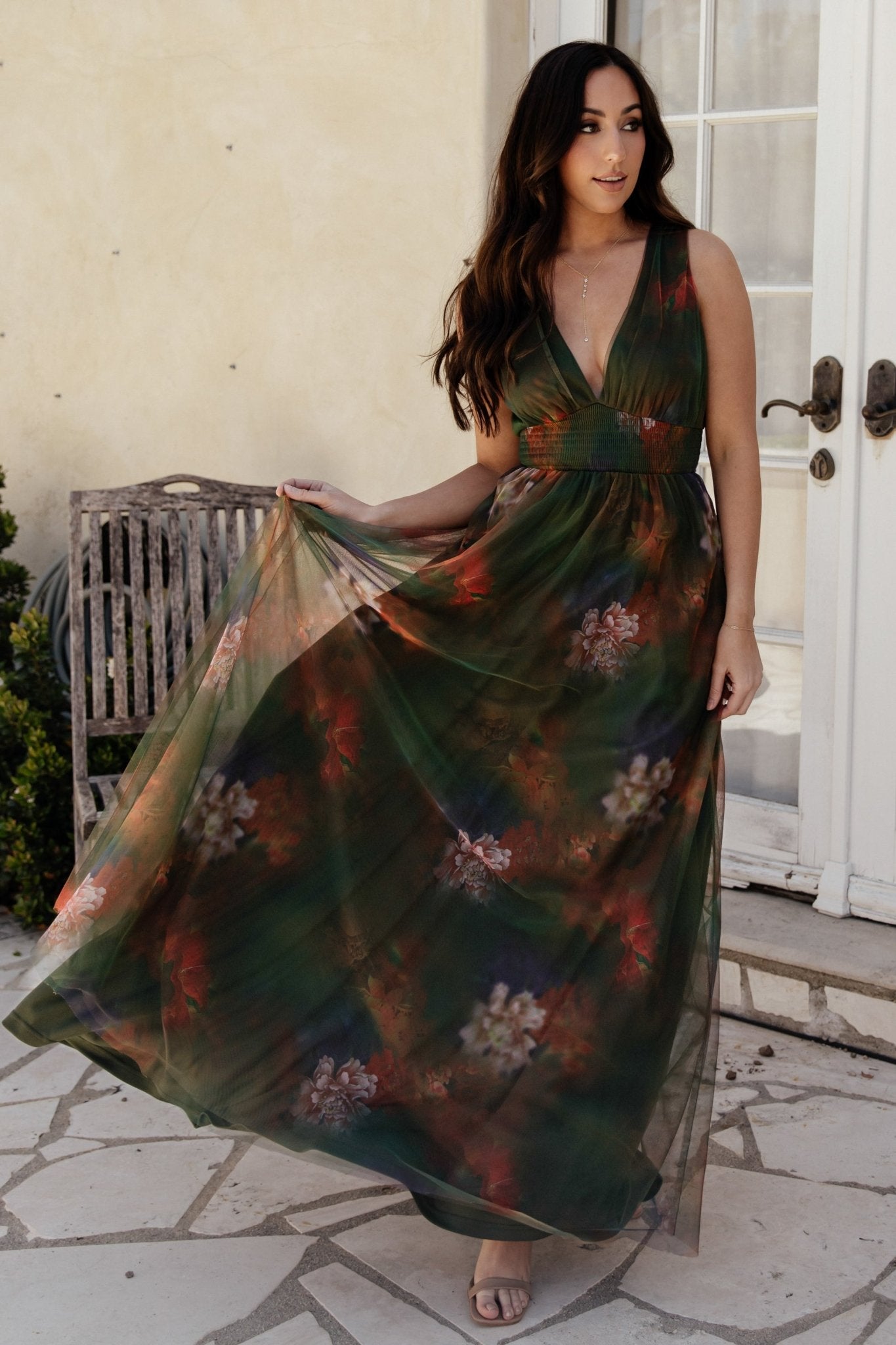 Kamila Tulle Maxi Dress | Olive Multi Floral - Image 7