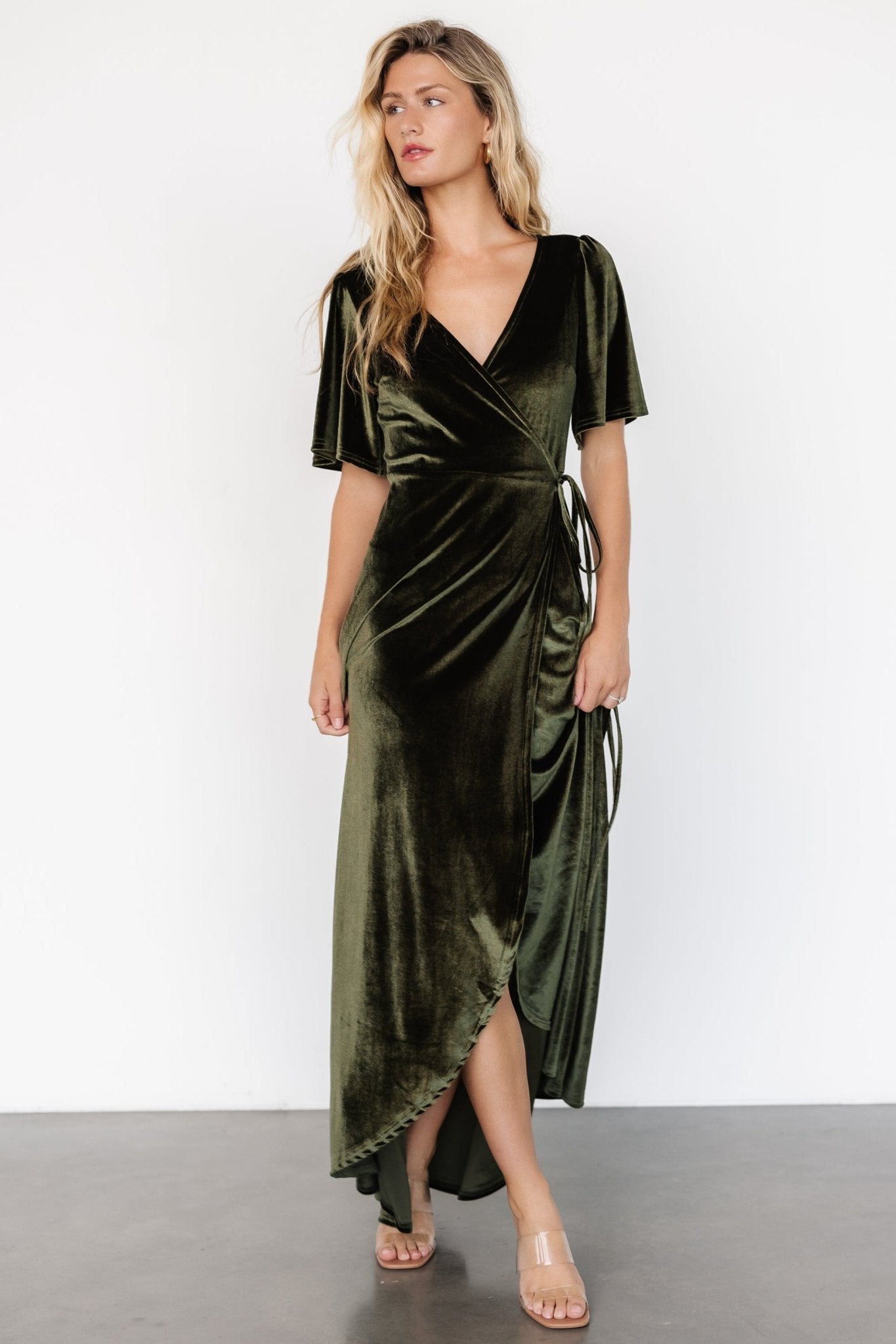 Katelyn Velvet Maxi Wrap Dress | Dark Olive - Image 7
