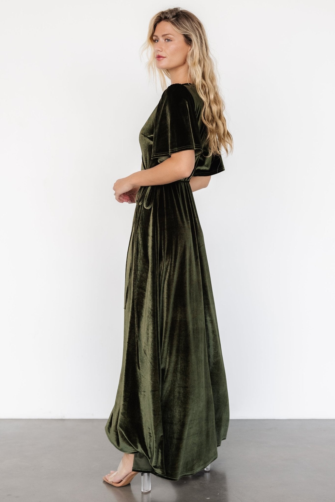 Katelyn Velvet Maxi Wrap Dress | Dark Olive - Image 5