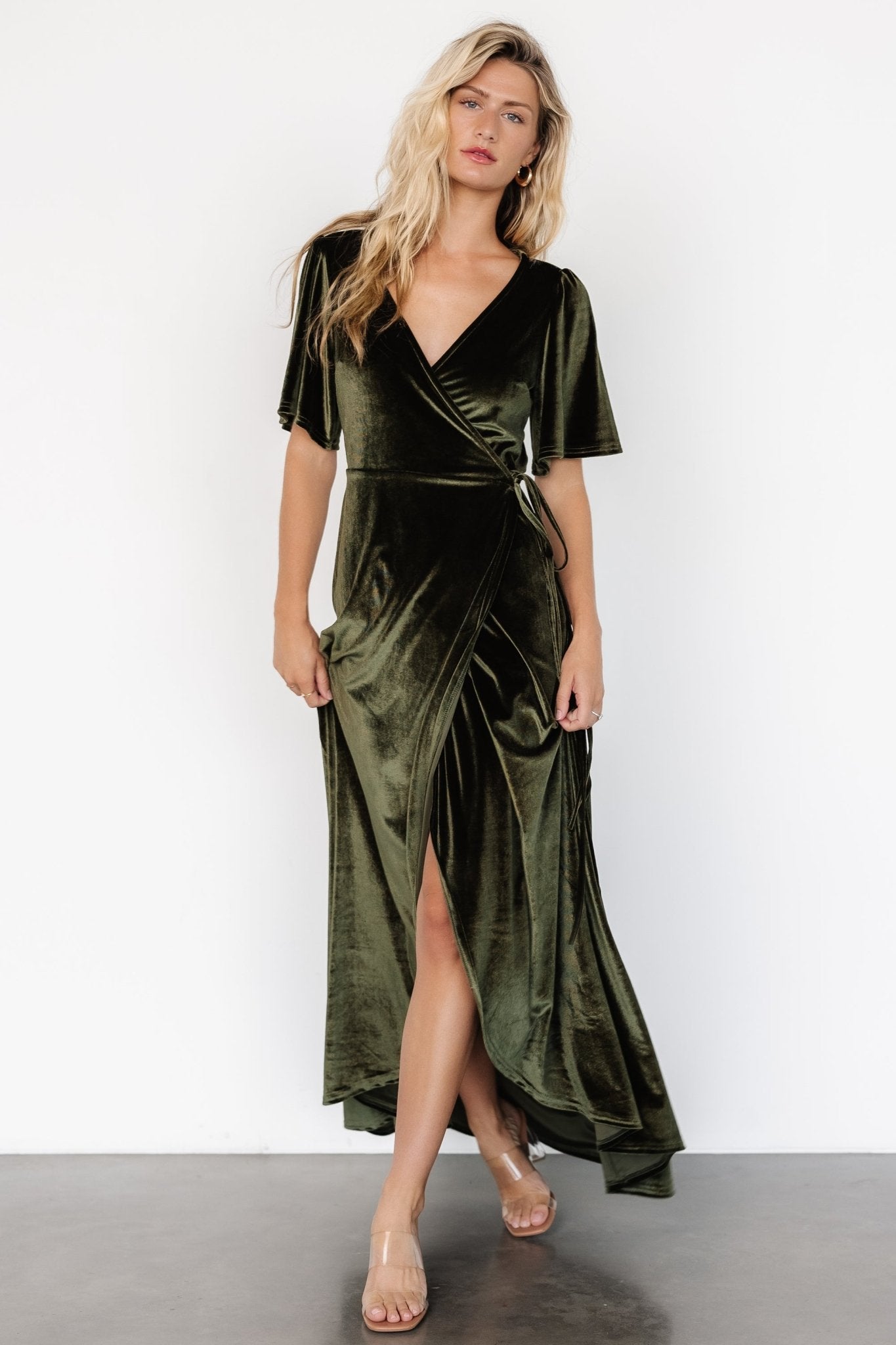 Katelyn Velvet Maxi Wrap Dress | Dark Olive - Image 2