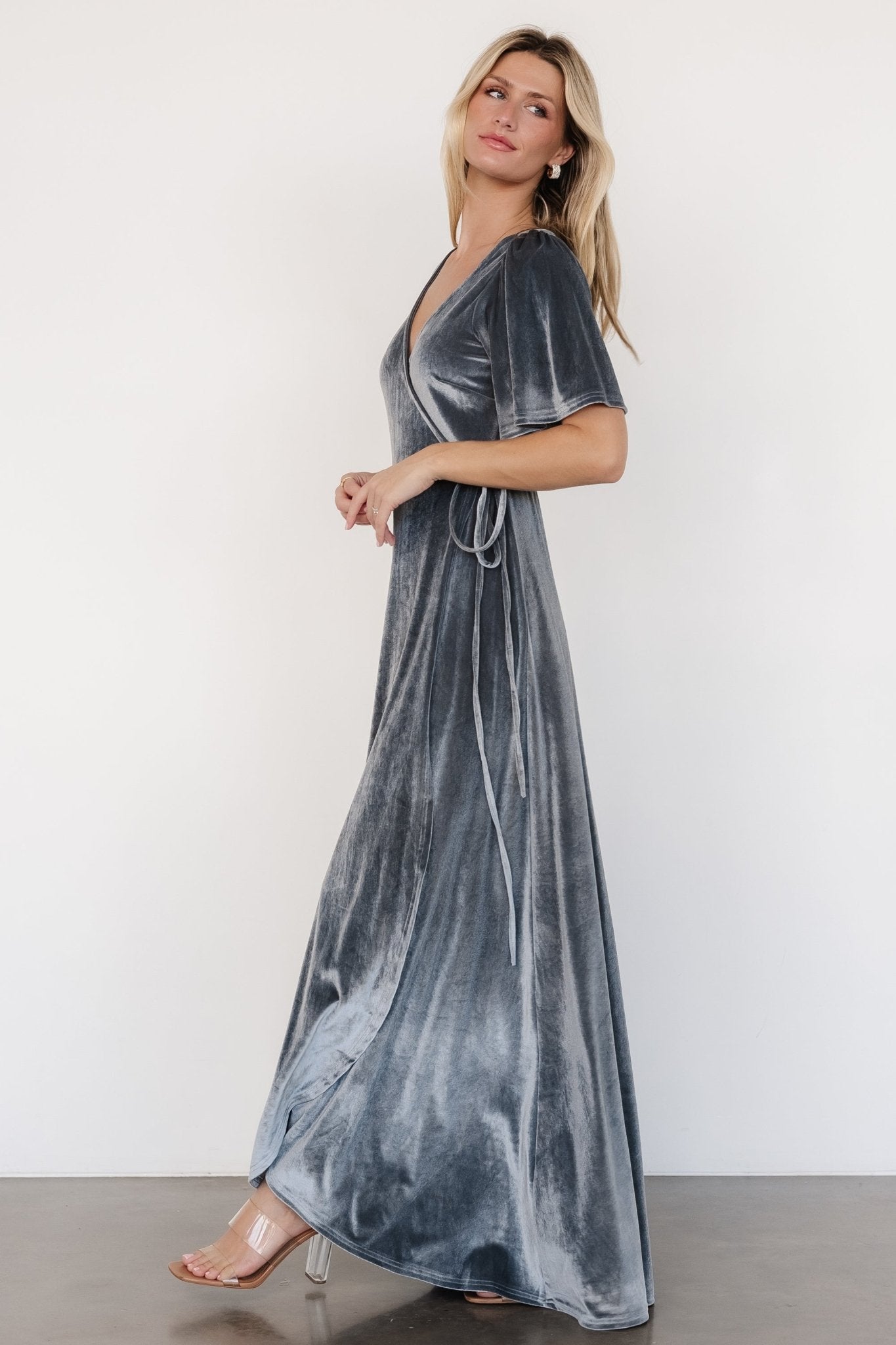 Katelyn Velvet Maxi Wrap Dress | Dusty Blue - Image 4