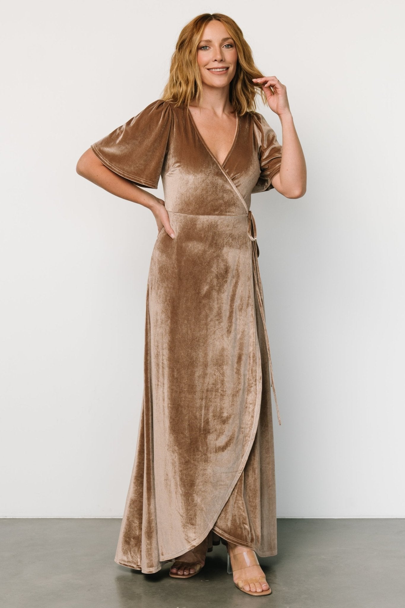 Katelyn Velvet Maxi Wrap Dress | Taupe - Image 4