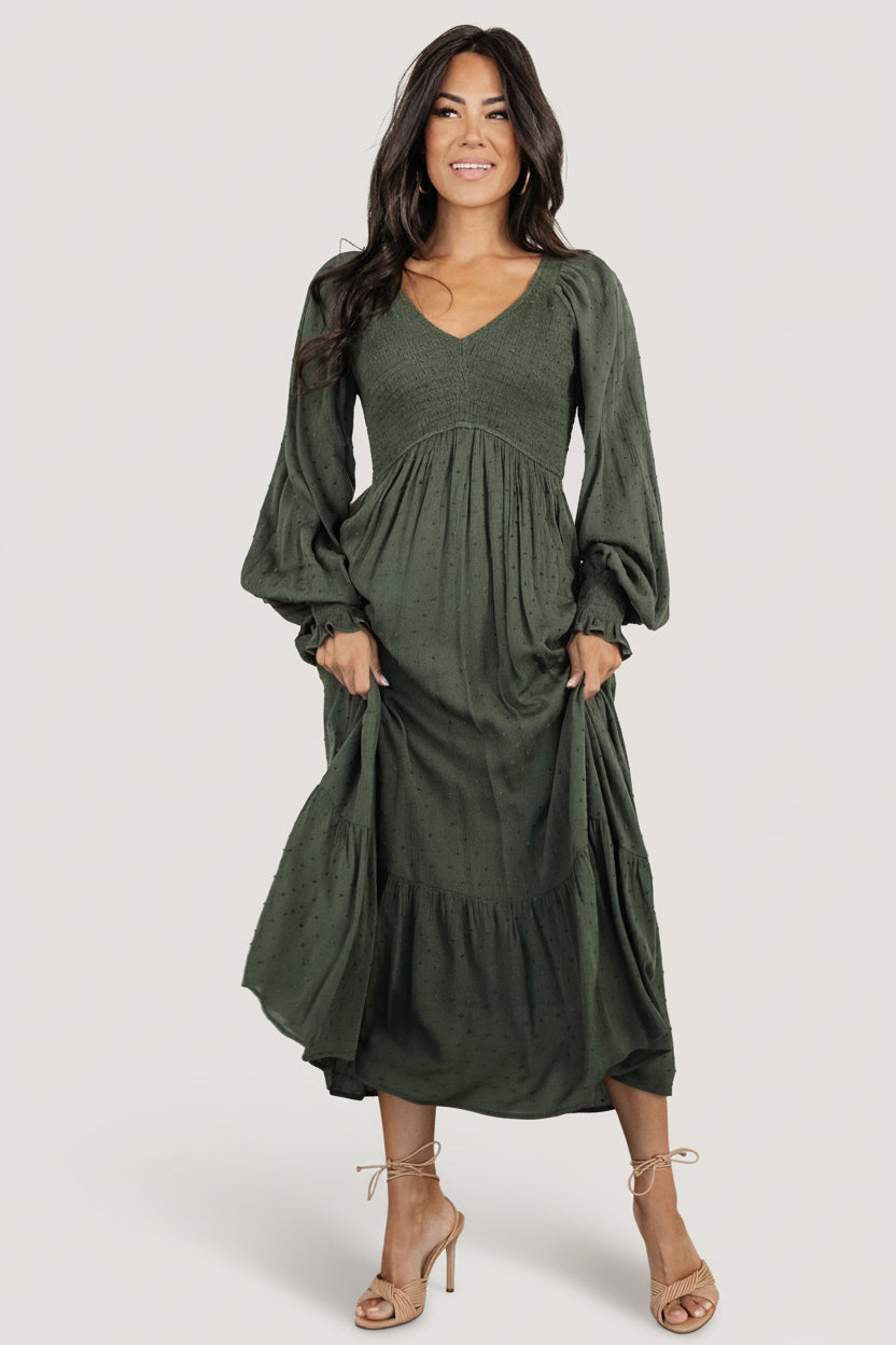 Lainey Smocked Dotted Midi Dress | Deep Olive - Image 5
