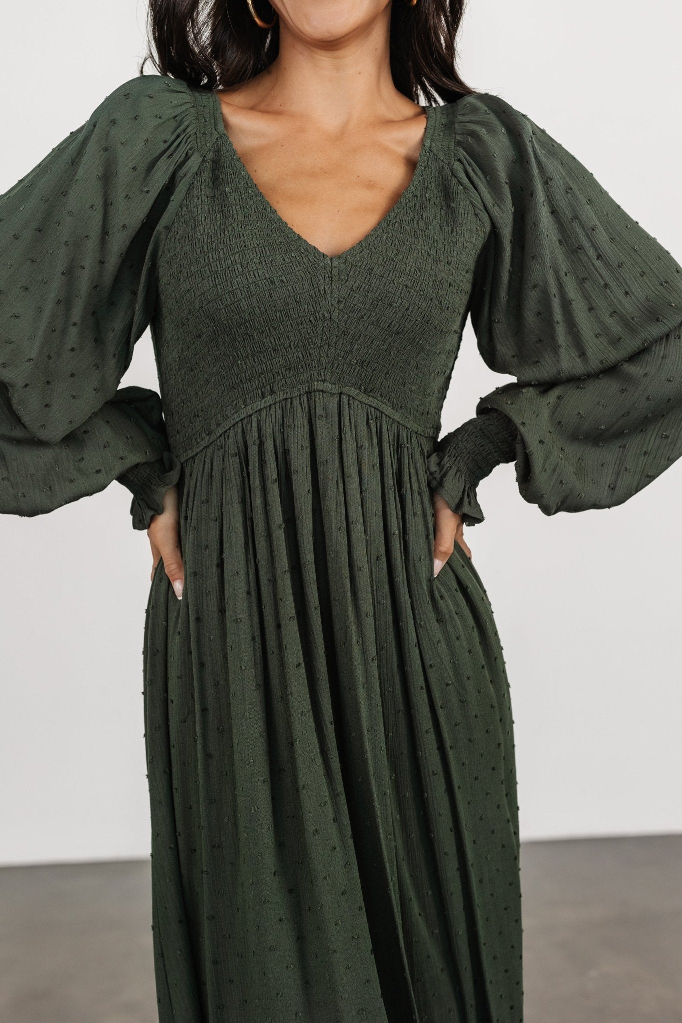 Lainey Smocked Dotted Midi Dress | Deep Olive - Image 6