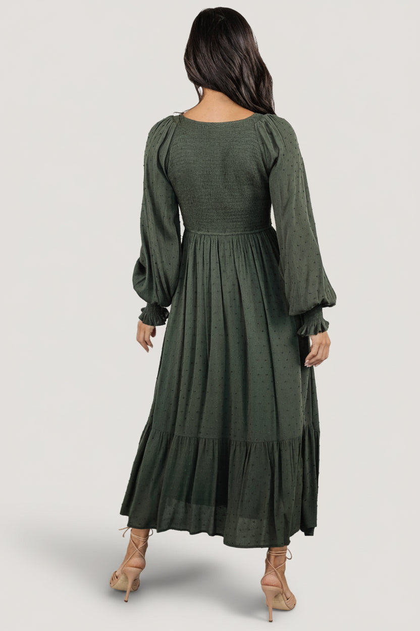 Lainey Smocked Dotted Midi Dress | Deep Olive - Image 4