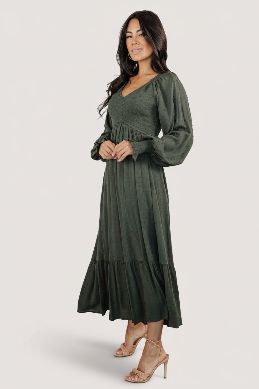 Lainey Smocked Dotted Midi Dress | Deep Olive - Image 2