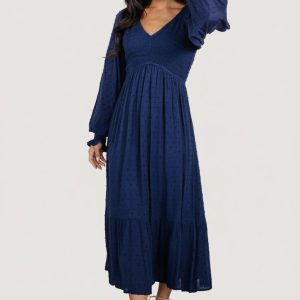 Lainey Smocked Dotted Midi Dress | Midnight Blue