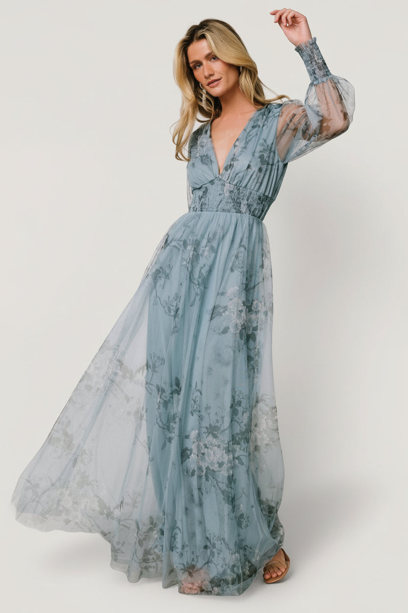 Layla Tulle Maxi Dress | Dusty Blue Floral - Image 9