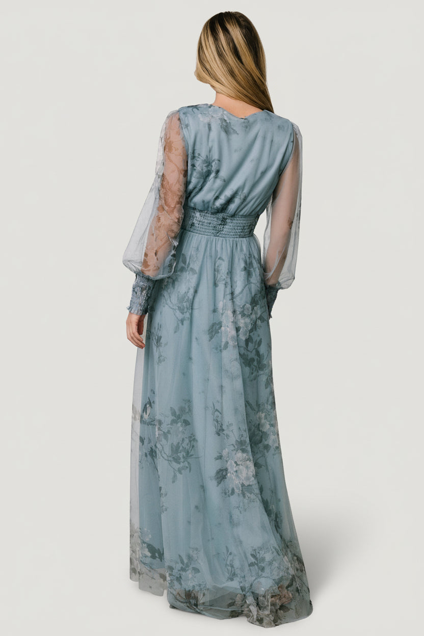 Layla Tulle Maxi Dress | Dusty Blue Floral - Image 6