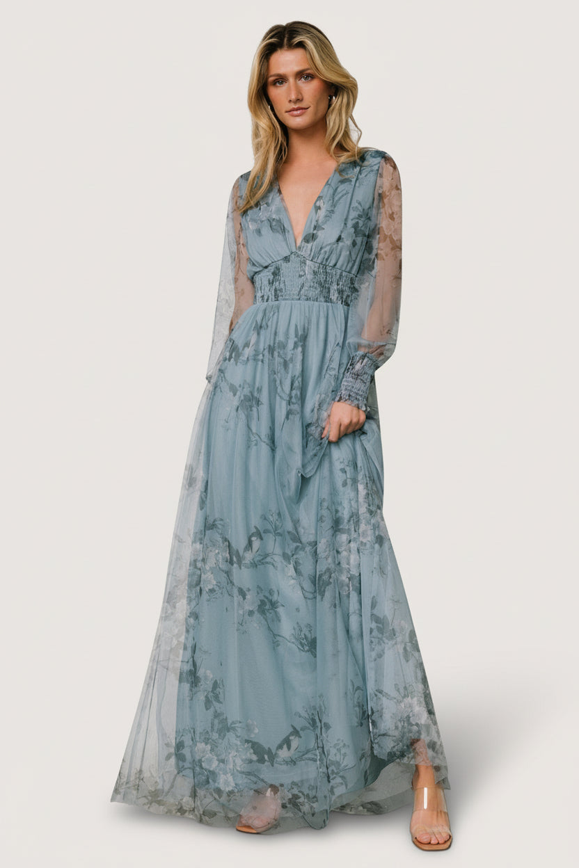 Layla Tulle Maxi Dress | Dusty Blue Floral - Image 2