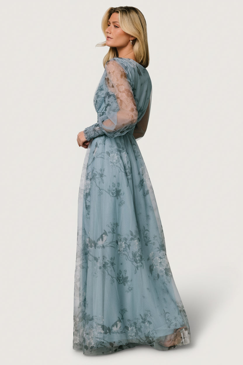 Layla Tulle Maxi Dress | Dusty Blue Floral - Image 4