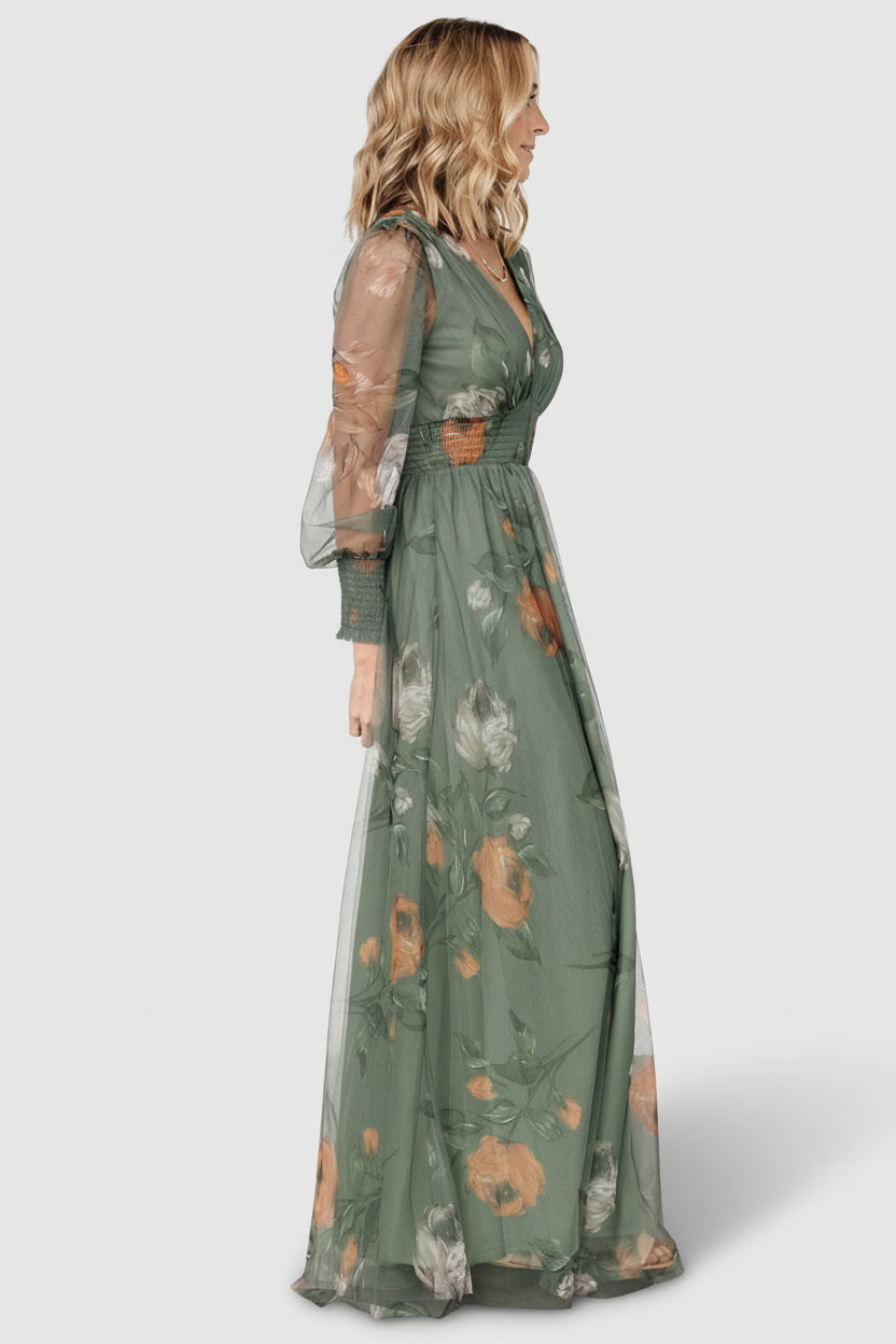 Layla Tulle Maxi Dress | Dusty Olive Floral - Image 6